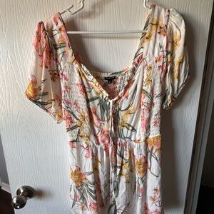 torrid White Floral Smocked Tie-Front Top with Pink & Yellow